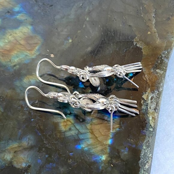 VTG Sterling Silver 925 Filigree Spun Silver Fringe Dangle Drop Earrings - Picture 8 of 14